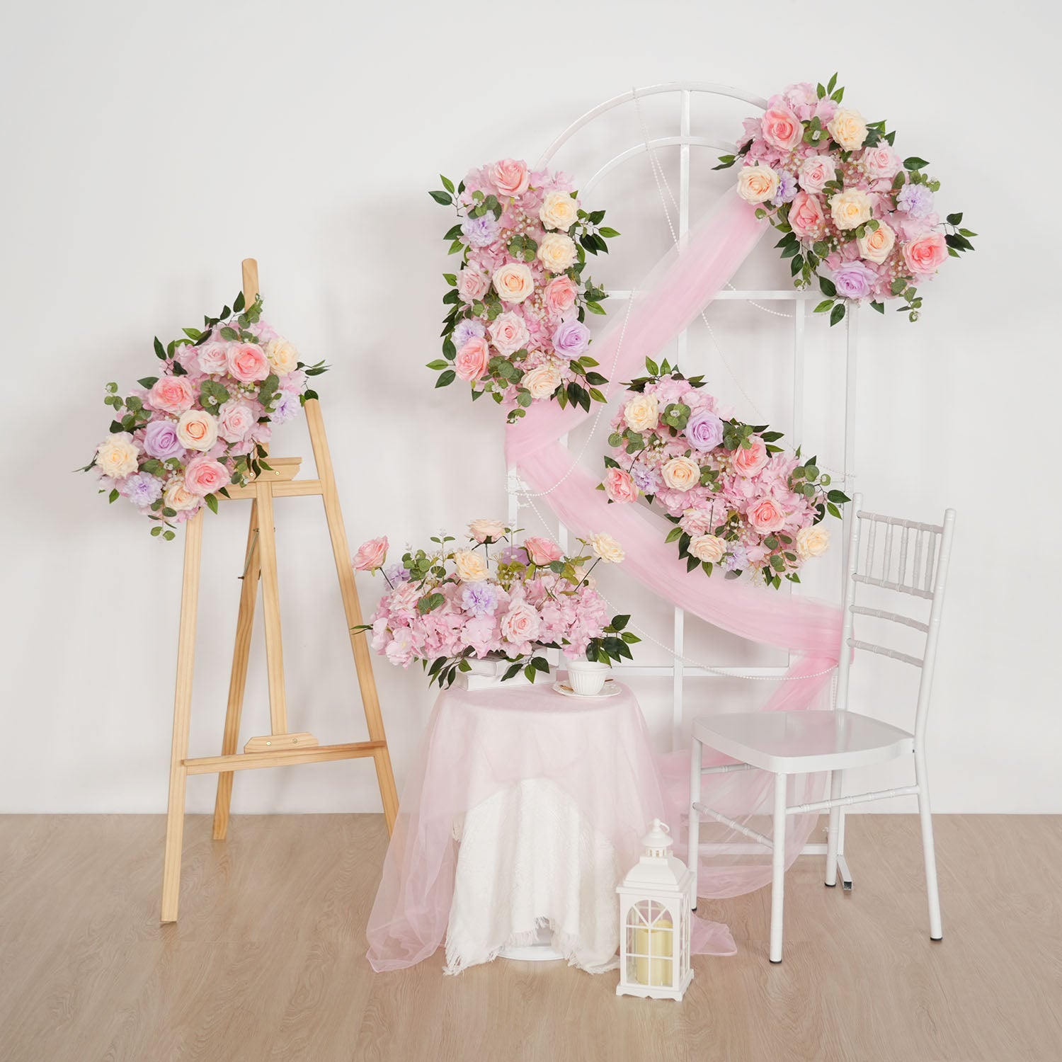 Uflower Artificial Pink Purple Rose Green Leaf Flower Row Wedding KT Backdrop Decor